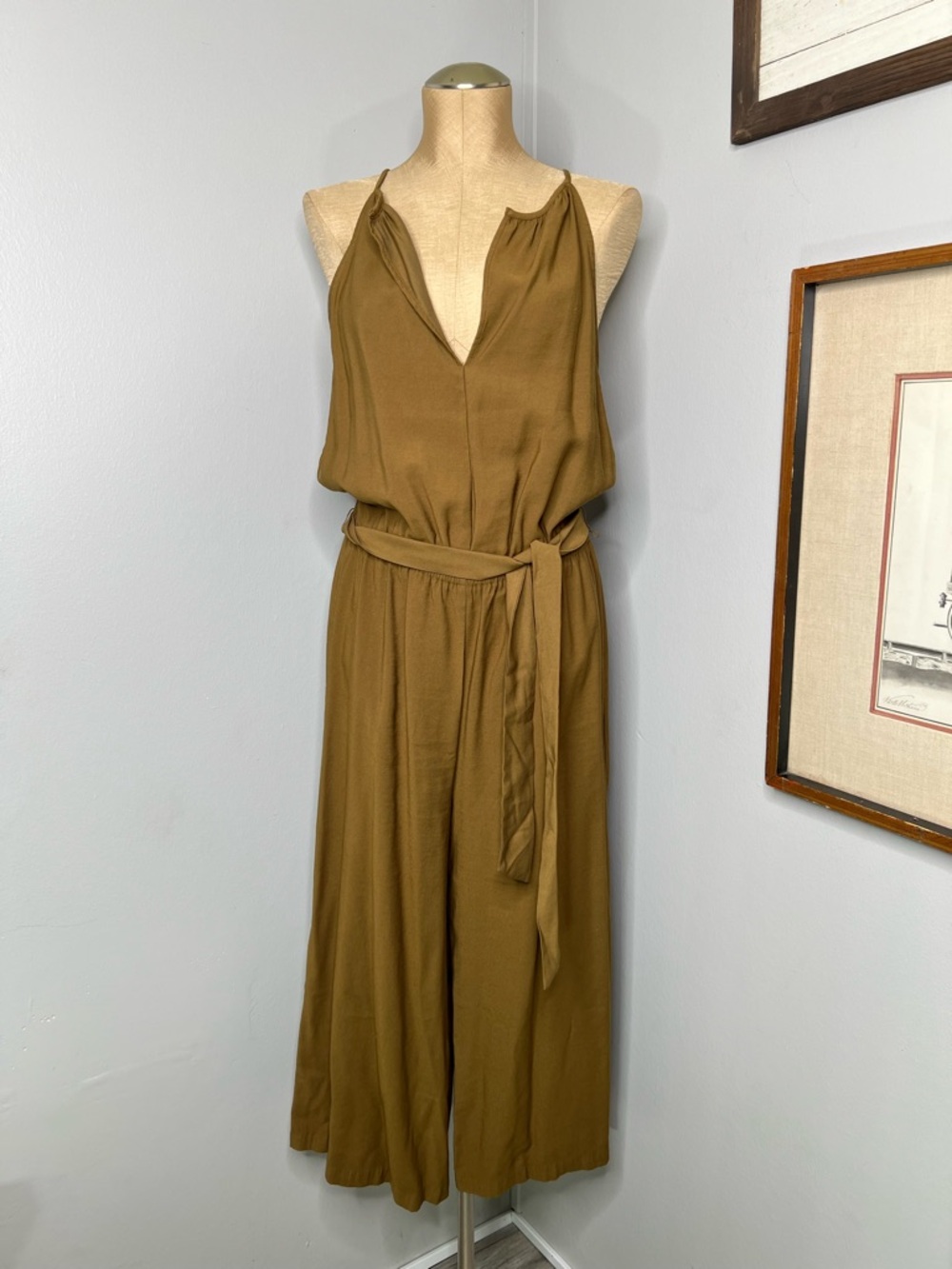 Prologue Spaghetti Strap Split Neck Jumper/Jumpsuit in Mustard Brown size large